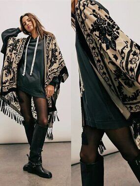 Free People Nightbird Burnout Kimono OS Sheer Velvet Floral Fringe Boho